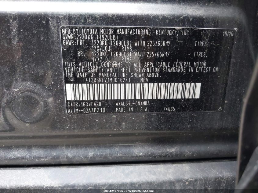 2021 Toyota Rav4 Hybrid Xle VIN: 4T3R6RFV1MU016271 Lot: 42197995