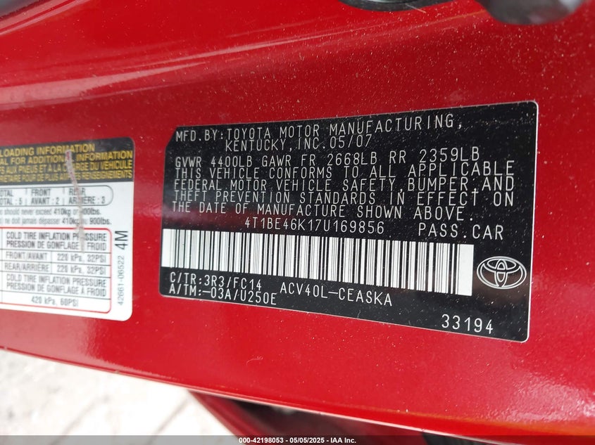 2007 TOYOTA CAMRY VIN: 4T1BE46K17U169856