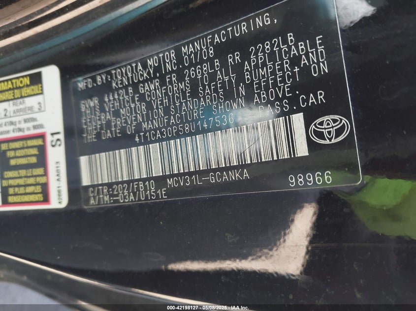 2008 TOYOTA CAMRY SOLARA VIN: 4T1CA30P58U147536