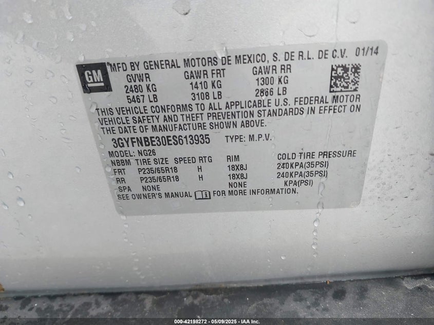 2014 CADILLAC SRX VIN: 3GYFNBE30ES613935