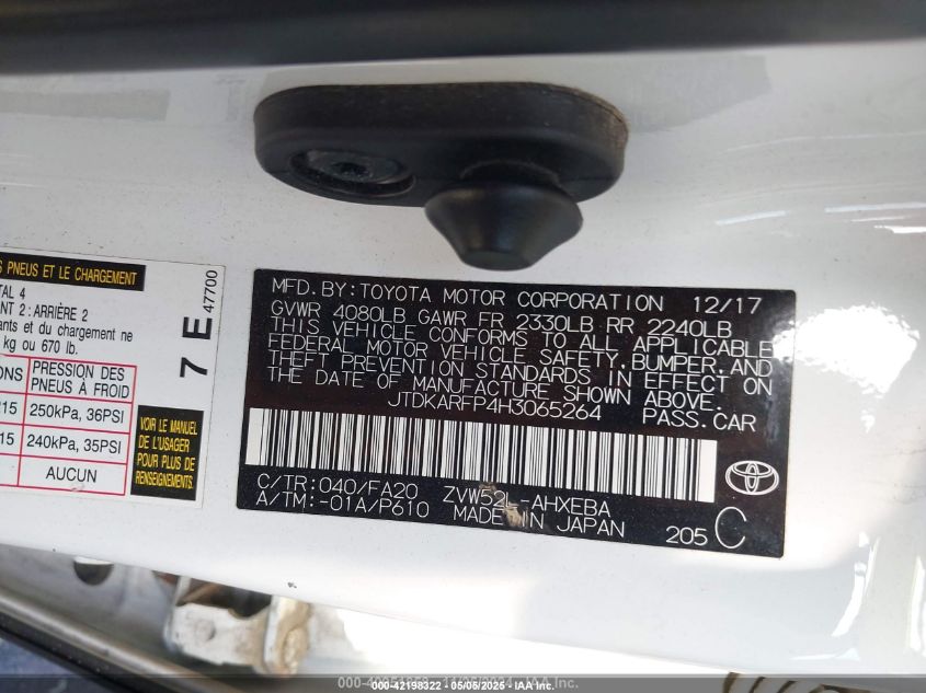 2017 Toyota Prius Prime Plus VIN: JTDKARFP4H3065264 Lot: 42198322