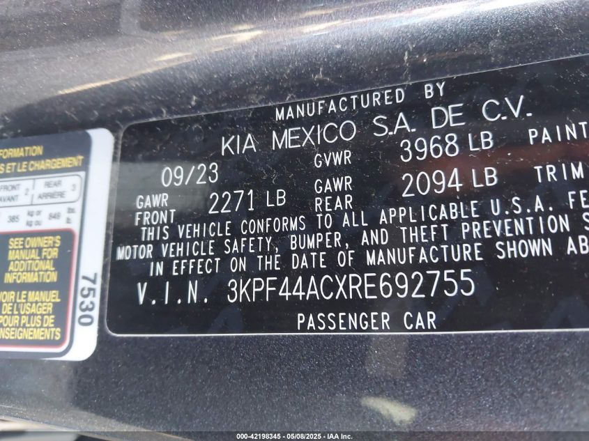 2024 Kia Forte Gt VIN: 3KPF44ACXRE692755 Lot: 42198345