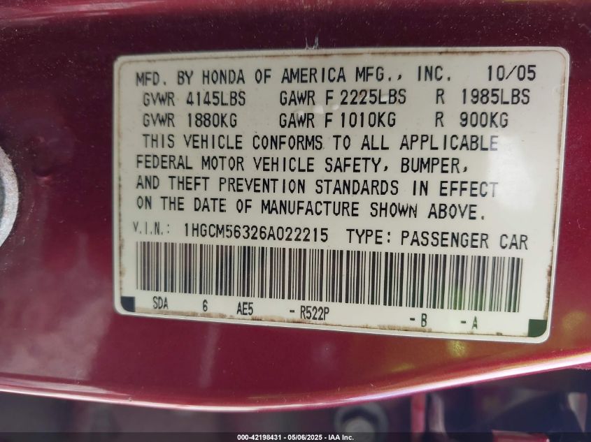 2006 Honda Accord 2.4 Se VIN: 1HGCM56326A022215 Lot: 42198431