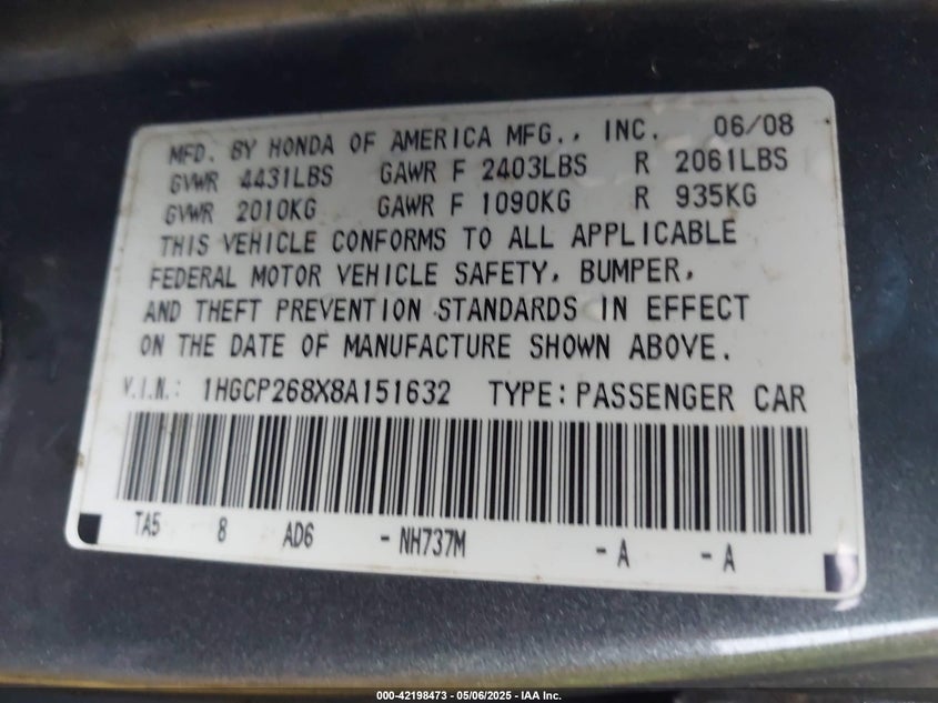 2008 HONDA ACCORD VIN: 1HGCP268X8A151632