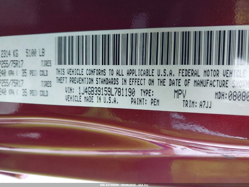 2009 Jeep Wrangler Unlimited X VIN: 1J4GB39159L781190 Lot: 42198596