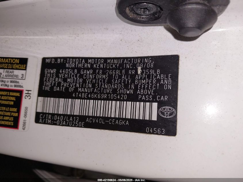 2009 Toyota Camry Xle VIN: 4T4BE46K69R105420 Lot: 42198624