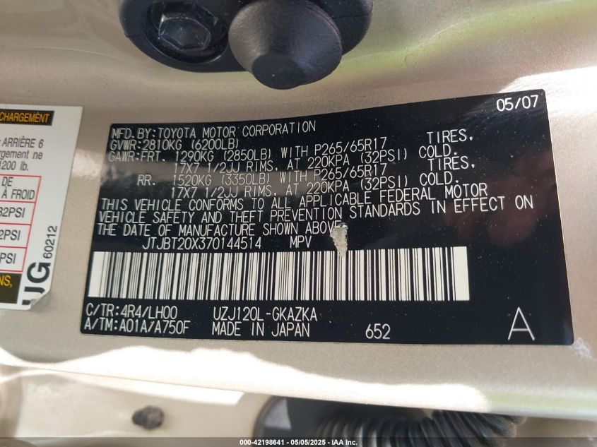 2007 Lexus Gx 470 VIN: JTJBT20X070132479 Lot: 42198641