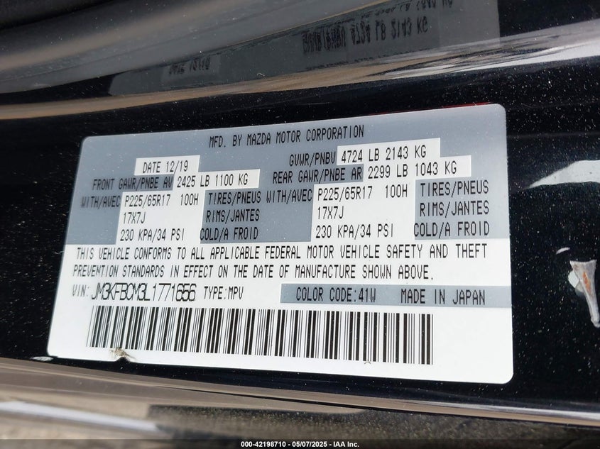2020 MAZDA CX-5 VIN: JM3KFBCM3L1771656