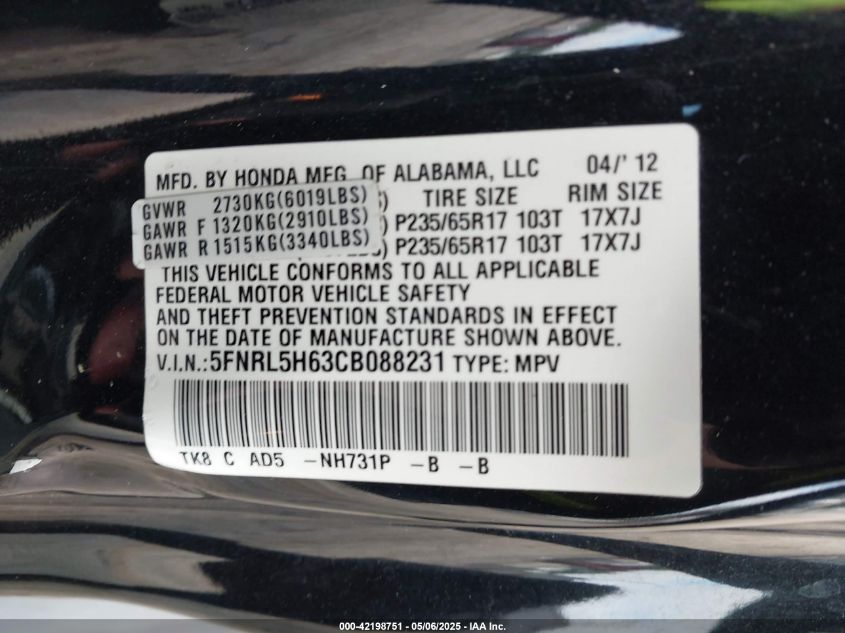 2012 Honda Odyssey Ex-L VIN: 5FNRL5H63CB088231 Lot: 42198751
