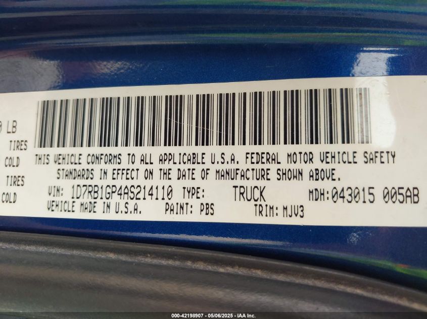 2010 Dodge Ram 1500 Slt/Sport/Trx VIN: 1D7RB1GP4AS214110 Lot: 42198907