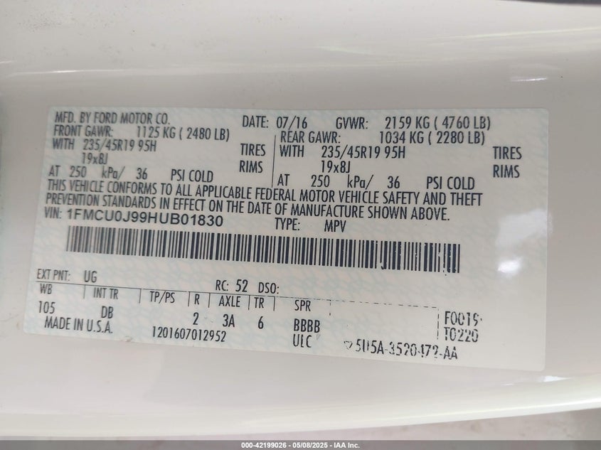 VIN 1FMCU0J99HUB01830 2017 FORD ESCAPE TITANIUM