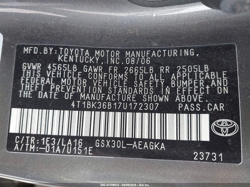 2007 TOYOTA AVALON VIN: 4T1BK36B17U172307