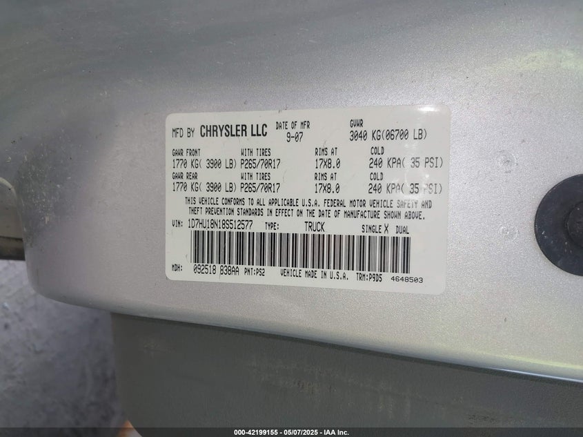 2008 Dodge Ram 1500 St/Sxt VIN: 1D7HU18N18S512577 Lot: 42199155