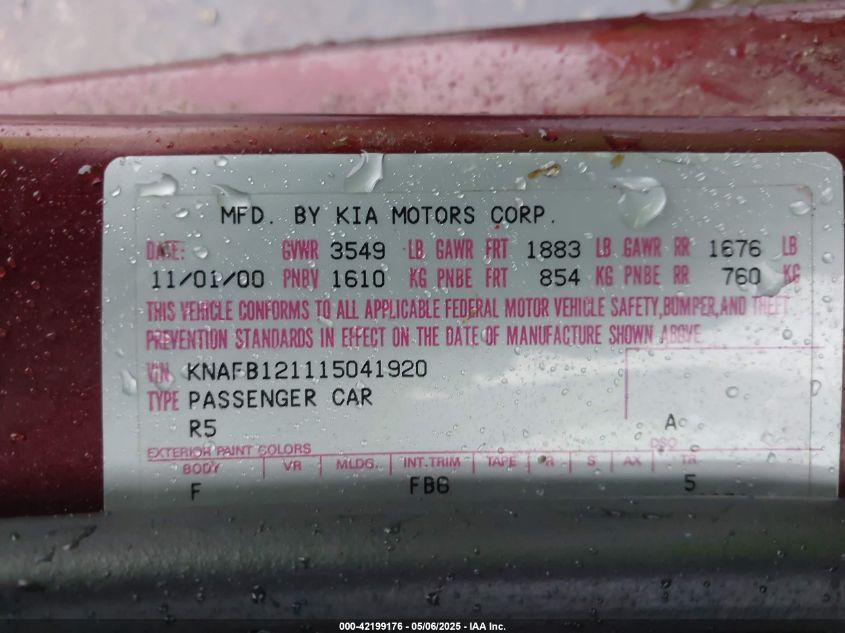2001 Kia Sephia Ls VIN: KNAFB121115041920 Lot: 42199176