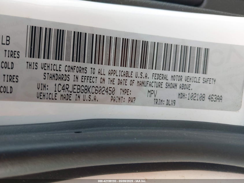 VIN 1C4RJEBG8KC602450 2019 JEEP GRAND CHEROKEE LIMITED 4X2