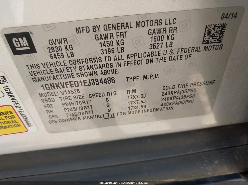 2014 Chevrolet Traverse Ls VIN: 1GNKVFED1EJ334488 Lot: 42199428