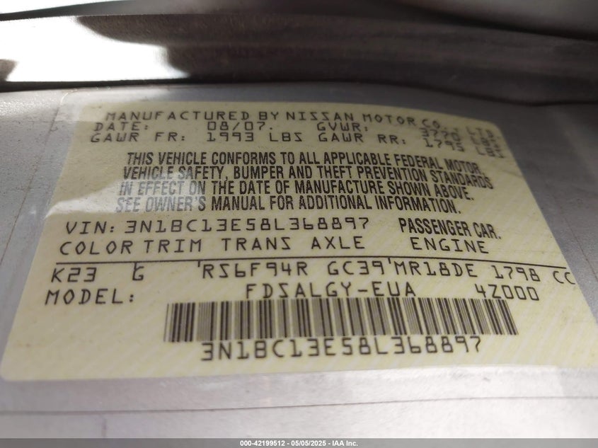 2008 NISSAN VERSA VIN: 3N1BC13E58L368897