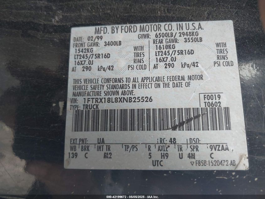 1999 Ford F-150 Lariat/Xl/Xlt VIN: 1FTRX18L8XNB25526 Lot: 42199672