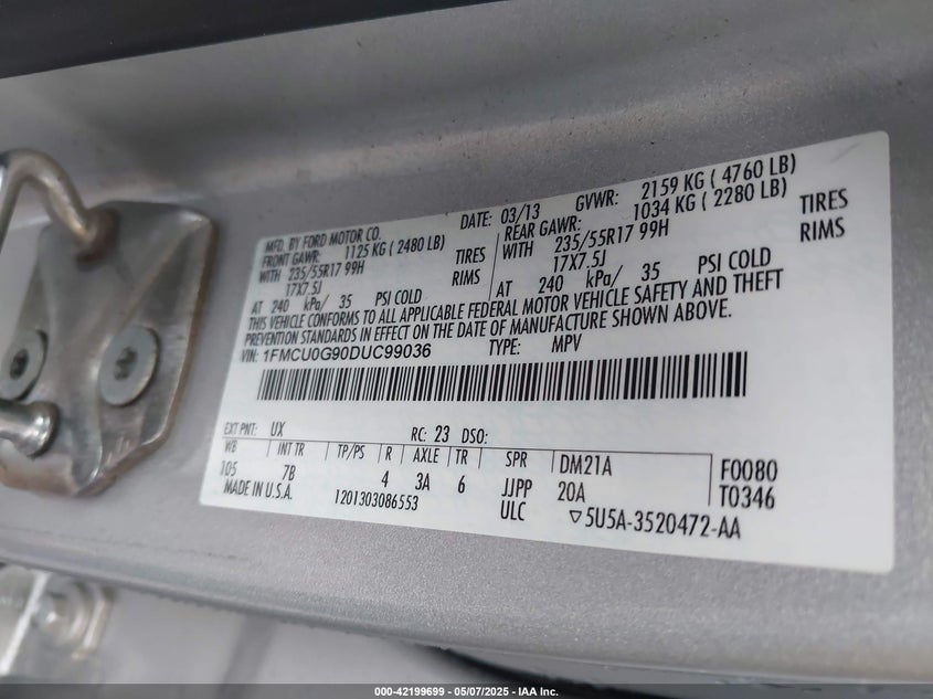 2013 FORD ESCAPE VIN: 1FMCU0G90DUC99036