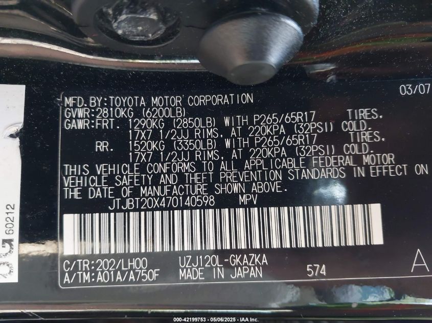 2007 Lexus Gx 470 VIN: JTJBT20X470140598 Lot: 42199753