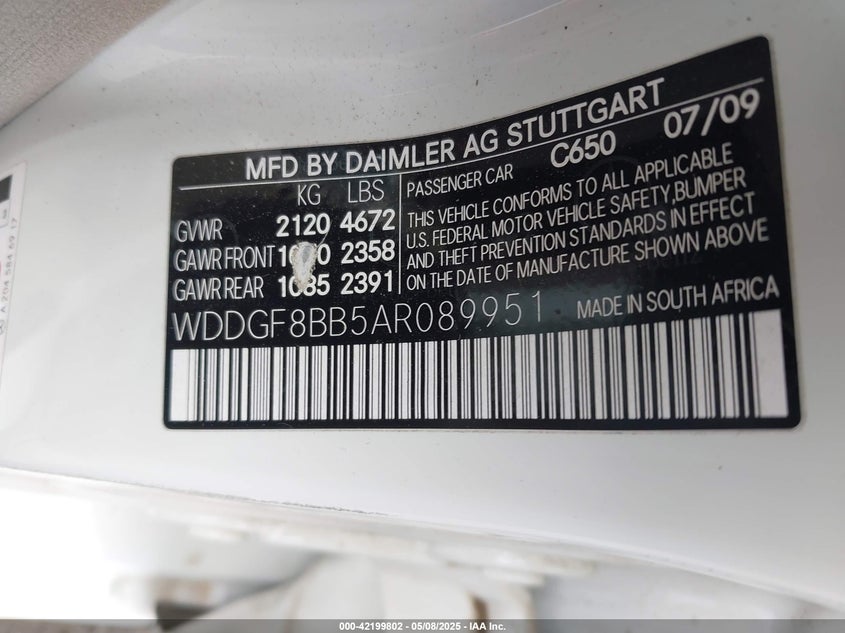 2010 MERCEDES-BENZ C 300 VIN: WDDGF8BB5AR089951
