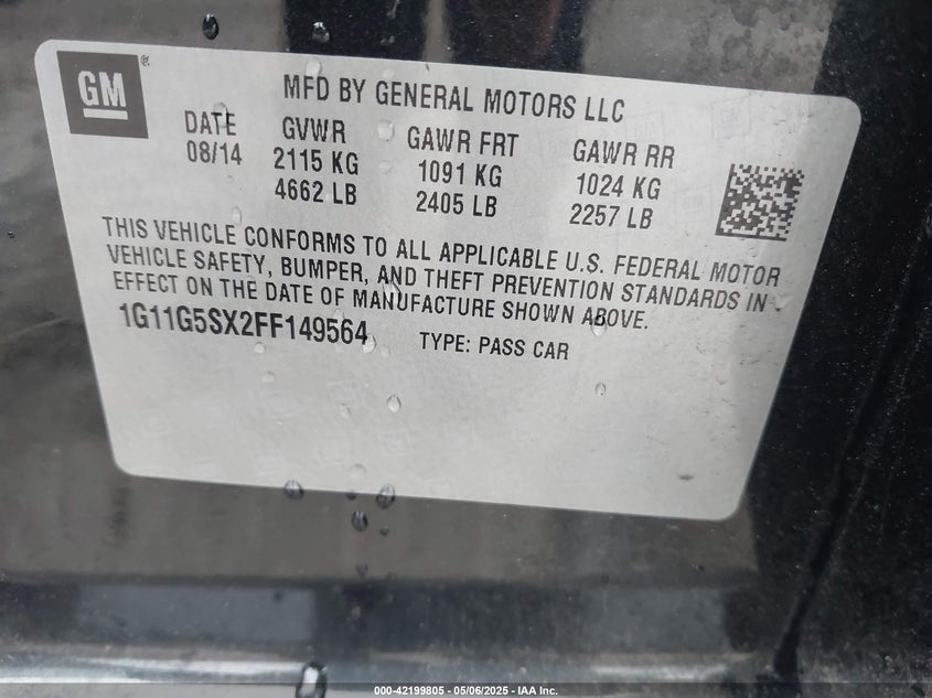 2015 CHEVROLET MALIBU VIN: 1G11G5SX2FF149564