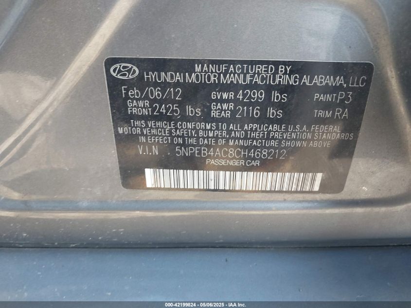 2012 Hyundai Sonata Gls VIN: 5NPEB4AC8CH468212 Lot: 42199824