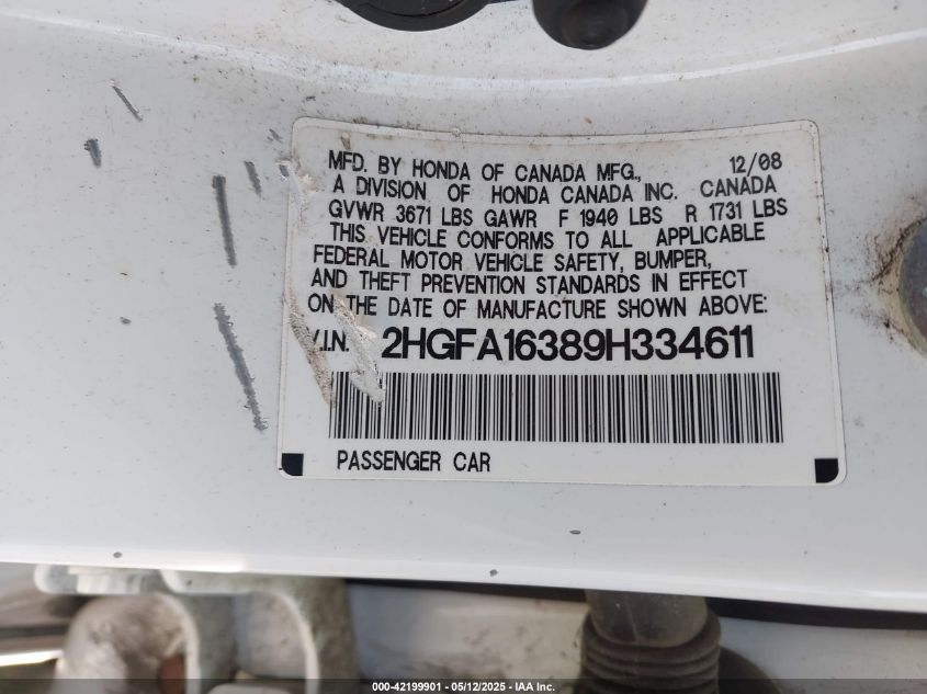 2009 Honda Civic Vp VIN: 2HGFA16389H334611 Lot: 42199901