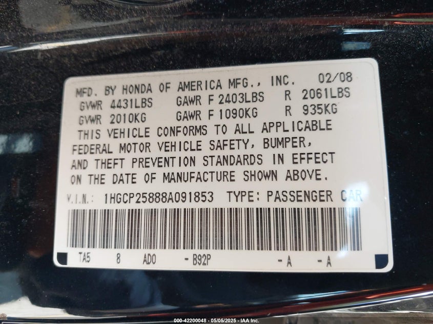 2008 HONDA ACCORD VIN: 1HGCP25888A091853