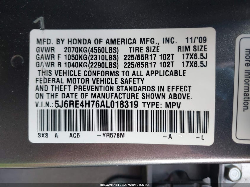 2010 HONDA CR-V VIN: 5J6RE4H76AL018319