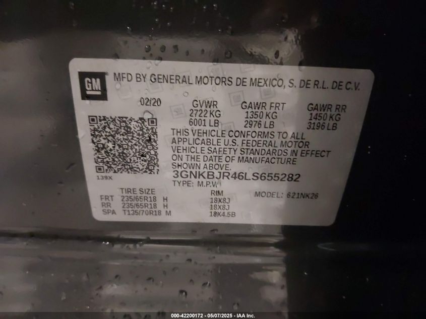 2020 Chevrolet Blazer Awd 3Lt VIN: 3GNKBJR46LS655282 Lot: 42200172