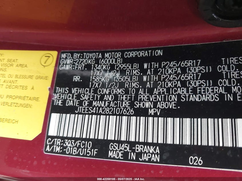 2008 TOYOTA HIGHLANDER VIN: JTEES41A282107626