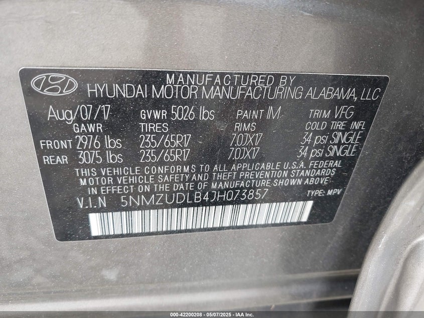 VIN 5NMZUDLB4JH073857 2018 HYUNDAI SANTA FE SPORT 2.4L