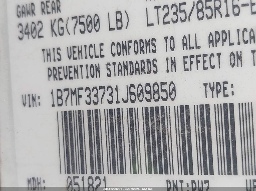 2001 Dodge Ram 3500 St VIN: 1B7MF33731J609850 Lot: 42200231