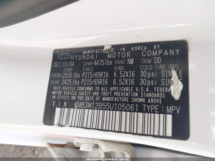2005 Hyundai Tucson Gl VIN: KM8JM12B55U105061 Lot: 42200280
