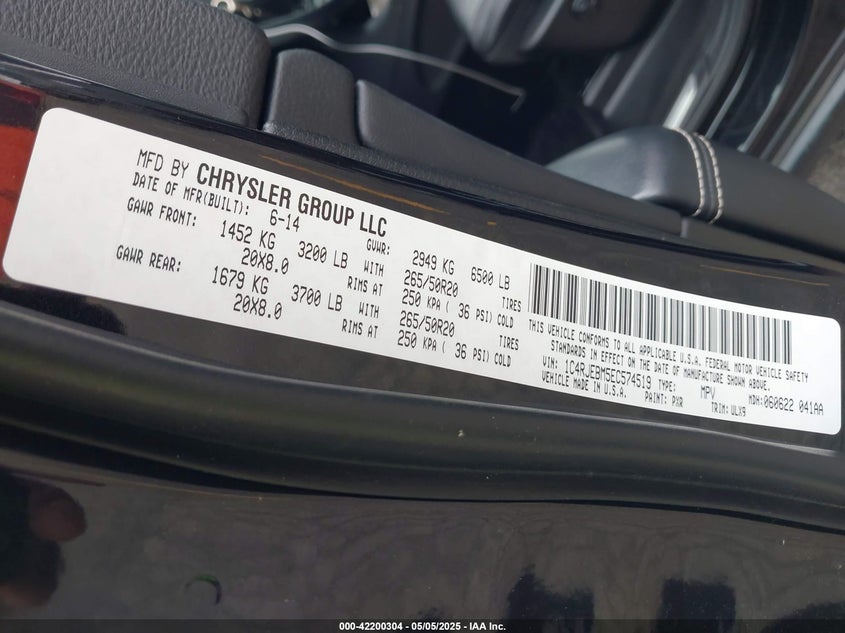 2014 JEEP GRAND CHEROKEE VIN: 1C4RJEBM5EC574519