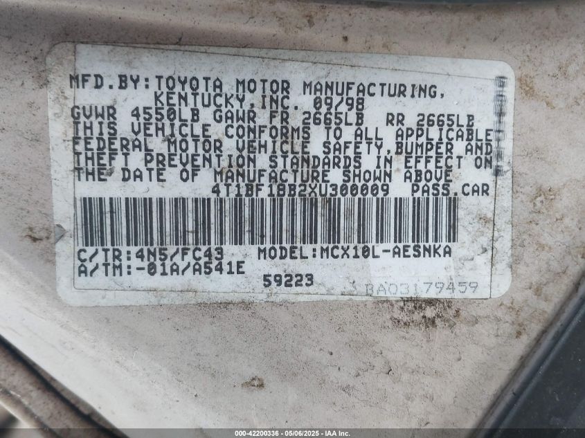 1999 Toyota Avalon Xl VIN: 4T1BF18B2XU300009 Lot: 42200336