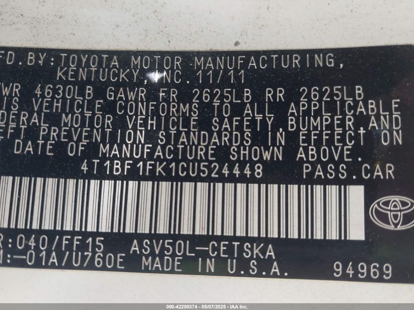 2012 Toyota Camry Se VIN: 4T1BF1FK1CU524448 Lot: 42200374