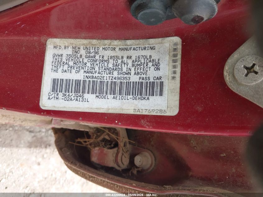 1996 Toyota Corolla VIN: 1NXBA02E1TZ496353 Lot: 42200524