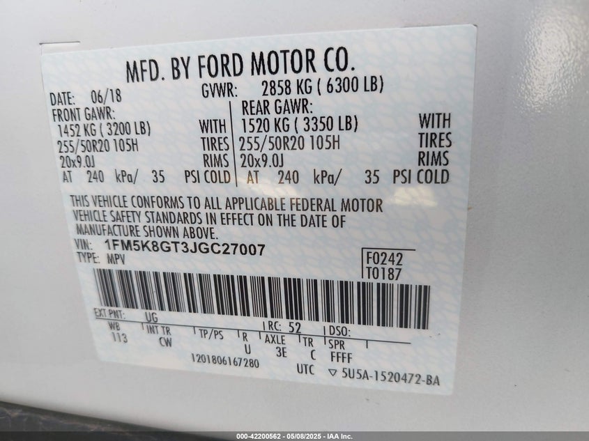 VIN 1FM5K8GT3JGC27007 2018 FORD EXPLORER SPORT