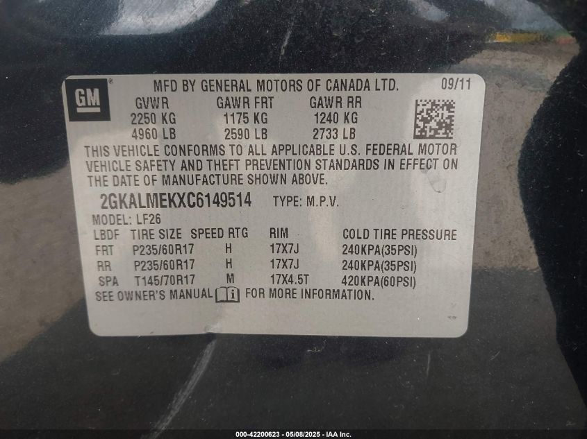 2012 GMC Terrain Sle-1 VIN: 2GKALMEKXC6149514 Lot: 42200623