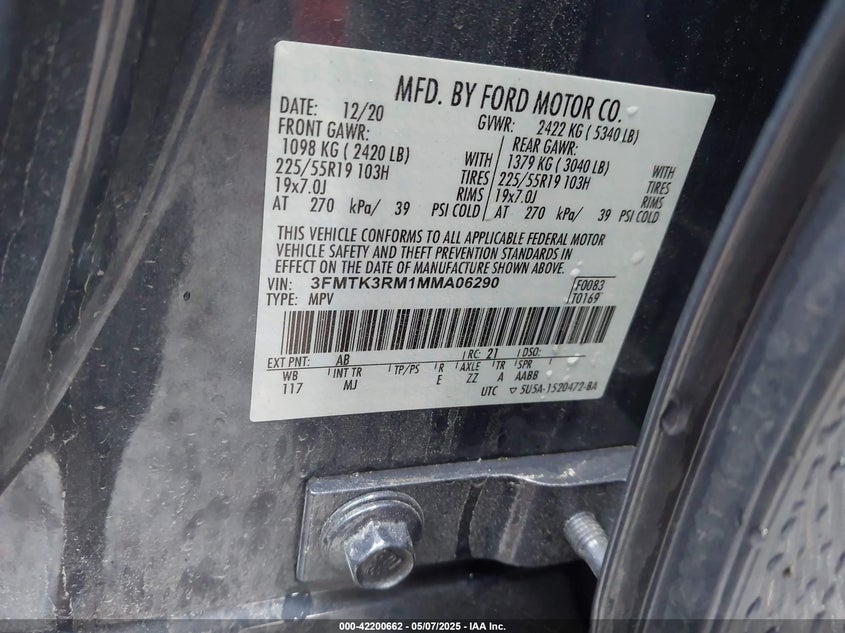 2021 FORD MUSTANG MACH-E VIN: 3FMTK3RM1MMA06290