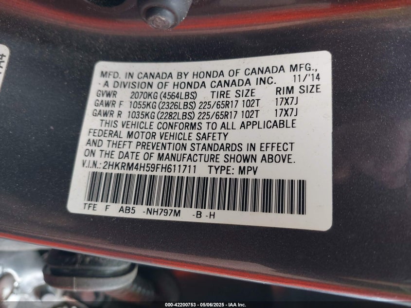 2015 HONDA CR-V EX - 2HKRM4H59FH611711