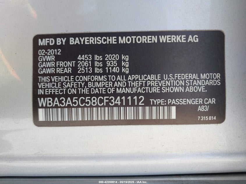 2012 BMW 328I VIN: WBA3A5C58CF341112
