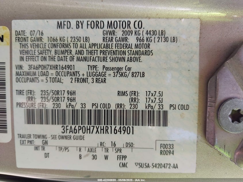 2017 FORD FUSION VIN: 3FA6P0H7XHR164901