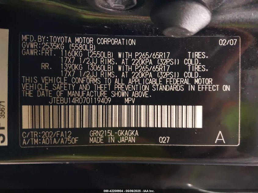 2007 Toyota 4Runner Sr5 V6 VIN: JTEBU14R070119409 Lot: 42200904