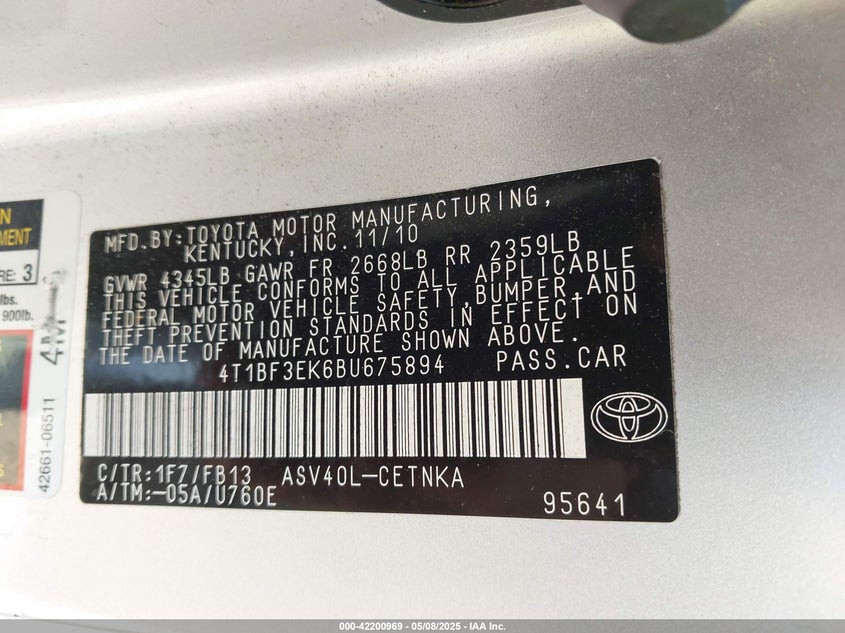 2011 TOYOTA CAMRY VIN: 4T1BF3EK6BU675894