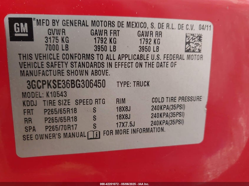 2011 CHEVROLET SILVERADO VIN: 3GCPKSE36BG306450