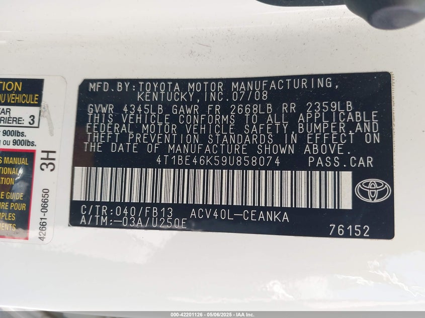 2009 TOYOTA CAMRY VIN: 4T1BE46K59U858074