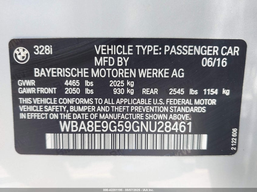 2016 BMW 328I VIN: WBA8E9G59GNU28461